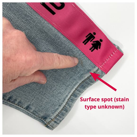 Homme + Femme NEW Tesla Skinny Blue Jeans Sz 40 Green Pink Gradient Logo Ribbon - Picture 5 of 10